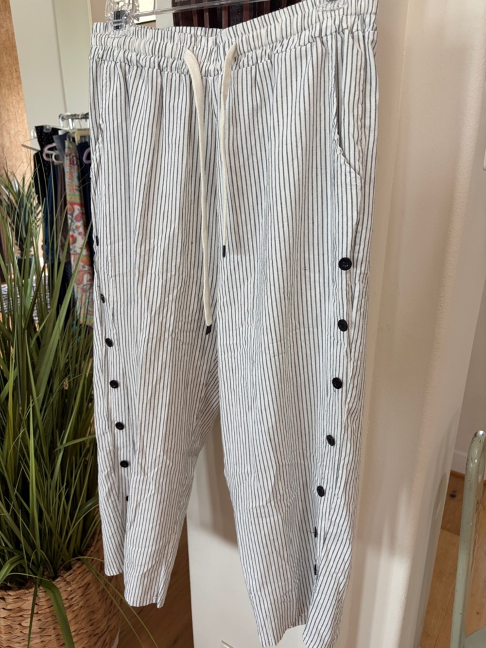 Women's Striped Drawstring Capris in White and Black